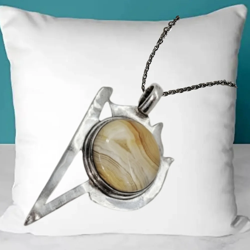 Hand Crafted Silver Pendant w/ Polished Jasper Stone & Stainless Steel Necklace